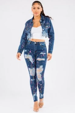 LOVE MODA NEW ARRIVALS Paint Splashed Jean & Jacket Denim Set