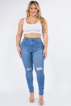 Love Moda Premium Modal Fabric High Rise Distressed Skinny Jeans - Plus Size