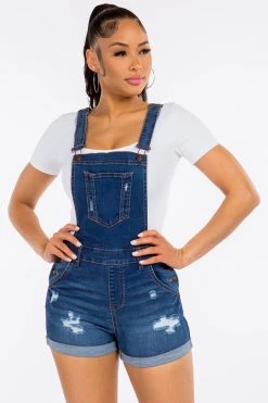 LOVE MODA NEW ARRIVALS Distressed Rolled Cuff Overall Shorts