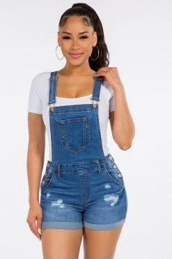 LOVE MODA NEW ARRIVALS Distressed Rolled Cuff Overall Shorts