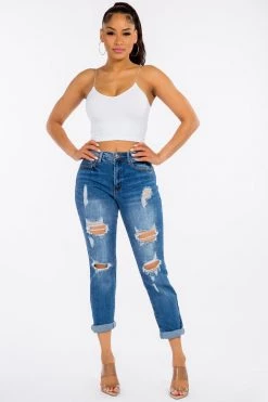 LOVE MODA NEW ARRIVALS High Rise Distressed Rolled Boyfriend Jeans