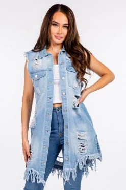 LOVE MODA JACKETS Distressed Denim Long Trucker Boyfriend Jacket