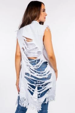 LOVE MODA JACKETS Distressed Denim Long Trucker Boyfriend Jacket