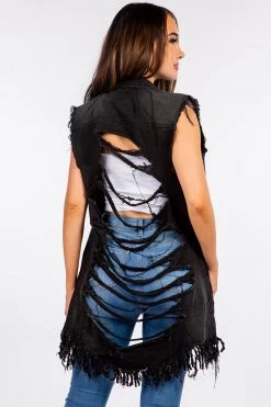 LOVE MODA JACKETS Distressed Denim Long Trucker Boyfriend Jacket