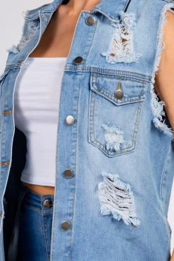 LOVE MODA JACKETS Distressed Denim Long Trucker Boyfriend Jacket
