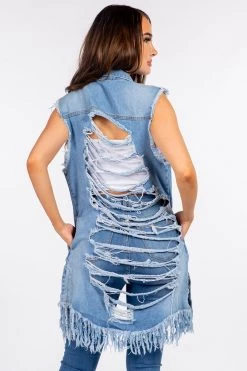 LOVE MODA JACKETS Distressed Denim Long Trucker Boyfriend Jacket