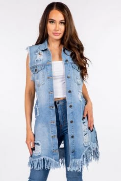 LOVE MODA JACKETS Distressed Denim Long Trucker Boyfriend Jacket