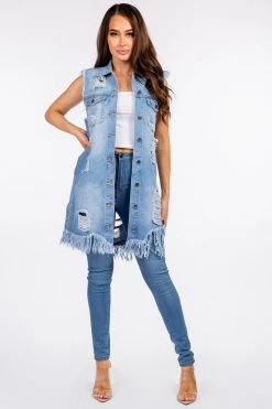 LOVE MODA JACKETS Distressed Denim Long Trucker Boyfriend Jacket