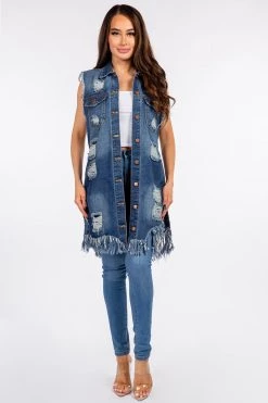 LOVE MODA JACKETS Distressed Denim Long Trucker Boyfriend Jacket